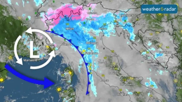 Weather map of rain and snow over Italy
