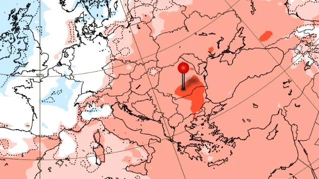 Harta abaterilor de temperatură în perioada 15 - 22 iulie, conform modelului european ECMWF.