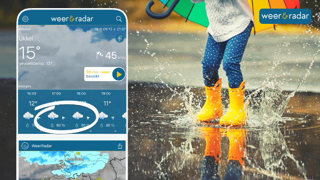In de app van weer&radar kun je onder de weersymbolen de kans op regen in het betreffende uur vinden. 
