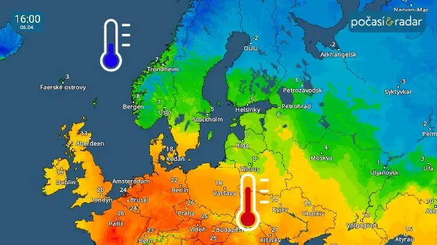 Předpokládané odpolední teploty nad částí Evropy v sobotu 6. dubna. 