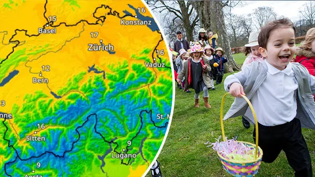 links: Höchstwerte bis 24 Grad im Osten; rechts: Eiersuche an Ostern bei grauem Himmel