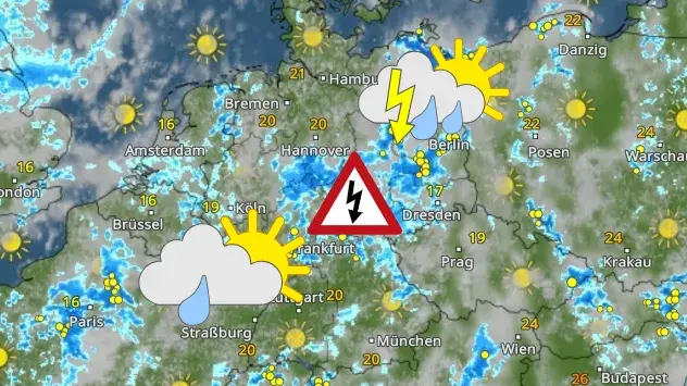 WetterRadar zeigt Gewitter, Schauer und Warnschild für Donnerstagnachmittag