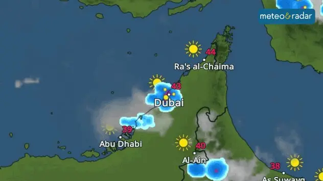 Harta radar meteo arată una dintre furtunile care au avut loc sâmbăta trecută deasupra Dubaiului.