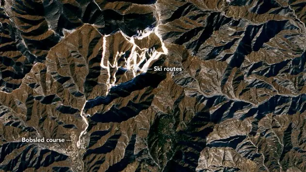 NASA Earth Observatory image of Yanqing, Beijing where the ski slopes and bobsled courses are.