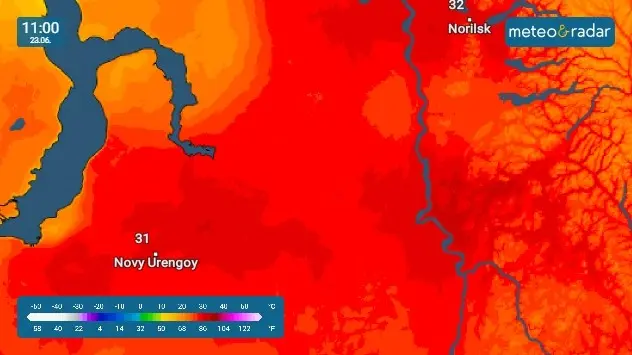 Harta temperaturilor maxime în regiunea orașului Norilsk pentru joi, 23 iunie. 