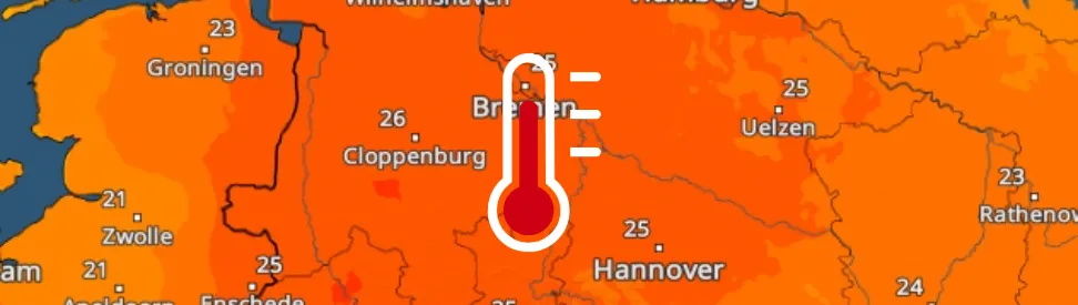 Das TemperaturRadar zeigt heute verbreitet Werte um und über 25 Grad in Niedersachsen
