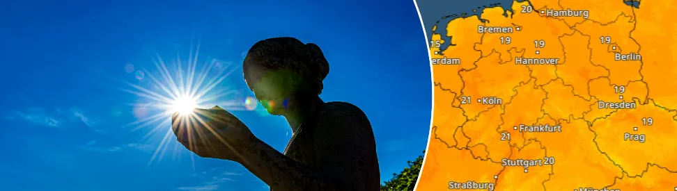 Blauer Himmel über Nordhessen, Statue scheint Sonne in der Hand zu halten. - TemperaturRadar von Donnerstagnachmittag (c) Heinz-D. Fleck