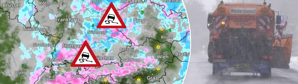 WetterRadar zeigt Schneefalle im Bergland - Winterdienst im Einsatz