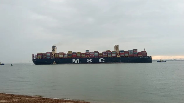 MSC Loretta container ship in Felixstowe, Suffolk on an overcast spring day.