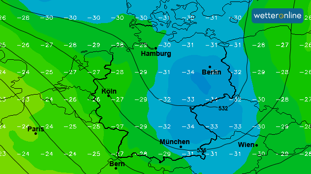Die Karte zeigt die Temperaturen in 5,5 Kilometern Höhe. Der Schwerpunkt der Höhenkaltluft liegt in der Osthälfte. 