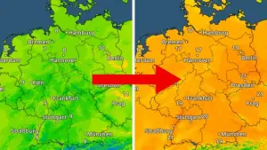 TemperaturRadar-Vorhersage für heute (links) und für Samstag (rechts).