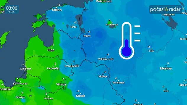 Teploty ve čtvrtek 9. května ráno na pomezí Pobaltí a Ruska. Ochlazovalo se až k -6 stupňům. Tak silné mrazy zde již v květnu bývají neobvyklé.