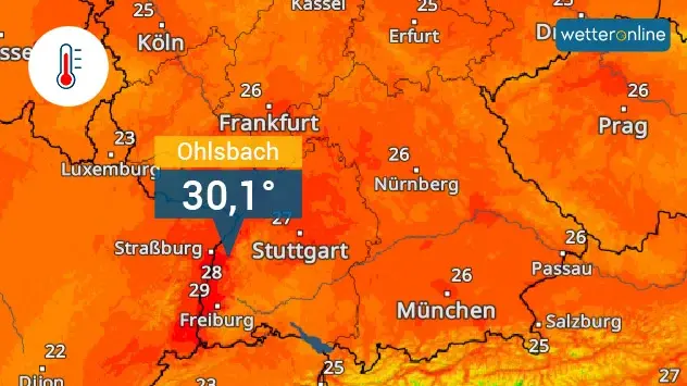 TemperturRadar: Rekordmarke von 30,1 Grad Anfang April am südlichen Oberrhein.