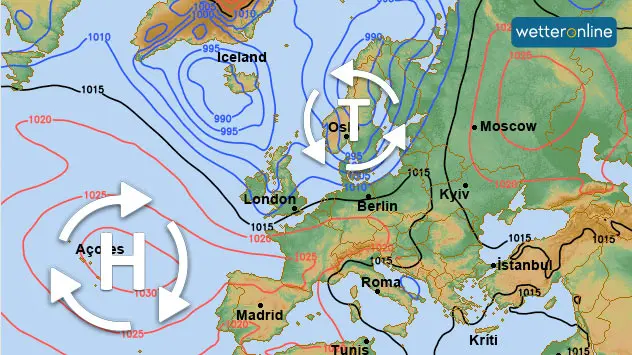 Die Wetterkarte ab dem Wochenende zeigt ein Tief über Skandinavien und ein Hoch über den Azoren.