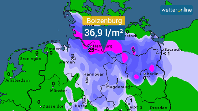 Farbkarte mit Regenmengen innerhalb von 6 Stunden
