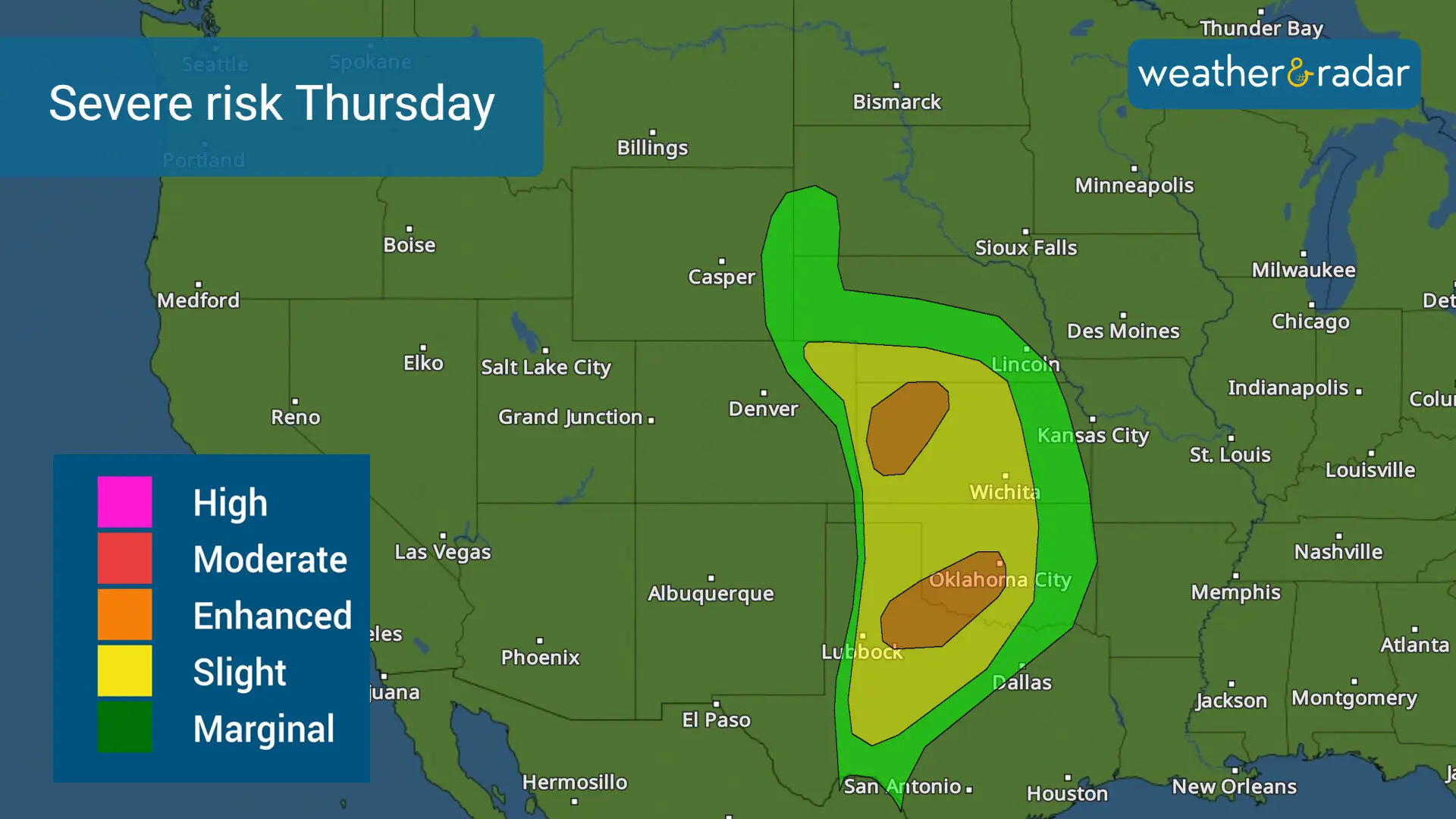 First day of at least 4 with severe weather to affect Nebraska south to Texas. 
