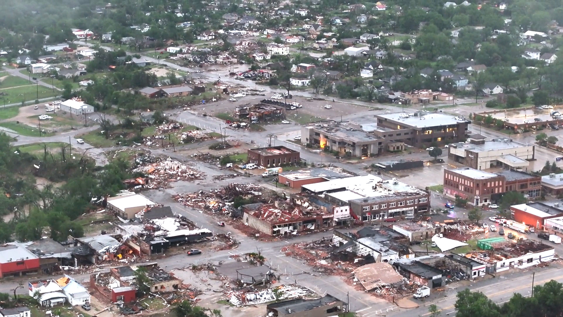 Aerial drone view showing the path of tornado destruction through Sulphur, Oklahoma.