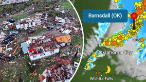 Tornadoschäden in Barnsdall/Oklahoma und WetterRadar mit Gewitterlinie (c) extremwetter.tv