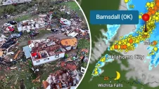 Tornadoschäden in Barnsdall/Oklahoma und WetterRadar mit Gewitterlinie