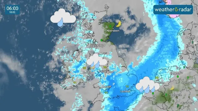 WeatherRadar showing heavy rain over south-east England