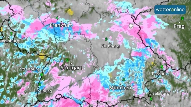 WetterRadar: In Teilen Süddeutschlands regnet und schneit es um die Mittagszeit kräftig.