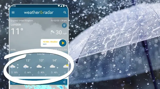 Phone showing chances of rain on weather app, Weather & Radar, against a backdrop of rain falling on an umbrella.