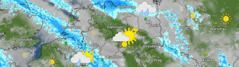 WetterRadar mit Regengebiet im Nordosten, einem trockenem Streifen von der Nordsee bis zu Bayerischen Wald und Schauerwetter im Südwesten. 