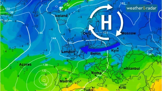 High pressure to the north and east drawing cold easterly winds to the UK and Ireland.