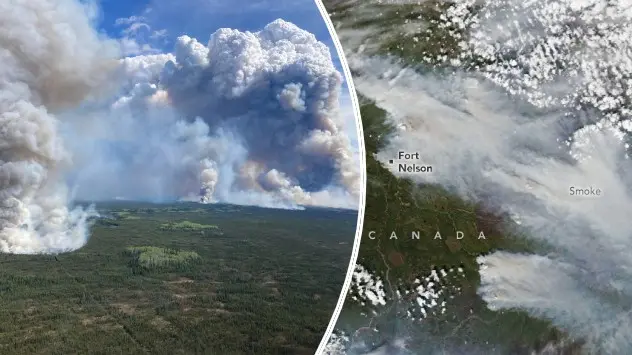 Two images showing wildfires smoke over British Columbia in Canada