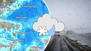WetterRadar zeigt Regen und Symbolbild Schneeregen