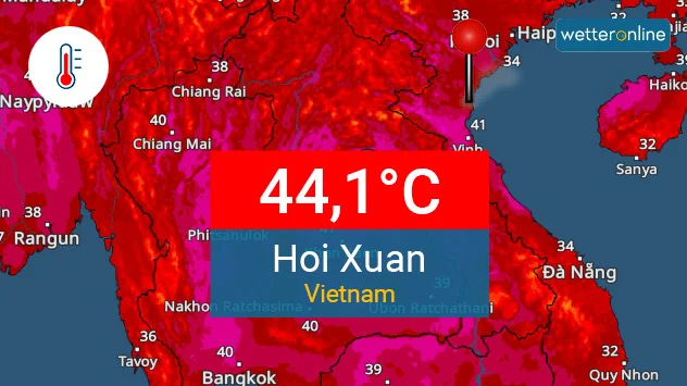 In weiten Teilen Südostasiens liegen die Temperaturen um die 40-Grad-Marke, wie das TemperaturRadar zeigt.
