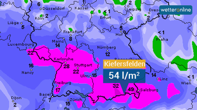 Regenmengen innerhalb von 24 Stunden bis zum 3. Oktober um 2 Uhr