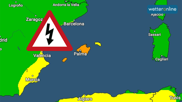 Auf den Balearen sowie an der Ostküste Spaniens sind am Donnerstag und Freitag schwere Gewitter möglich.