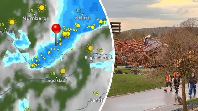 WetterRadar zeigt Gewitterlinie - eingestürzte Scheune Oberpfalz