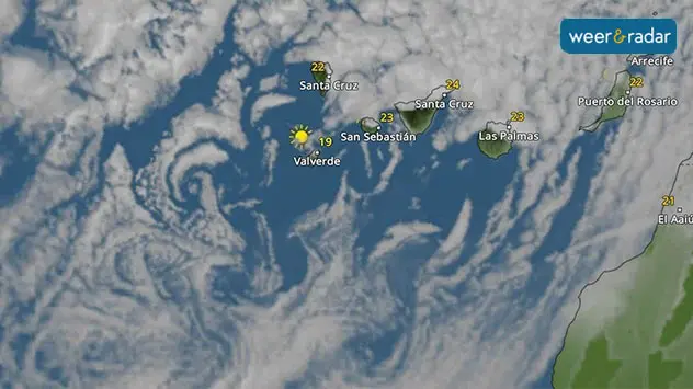WeerRadar: De kolkende wolken zijn duidelijk te zien ten zuidwesten van de Canarische Eilanden.