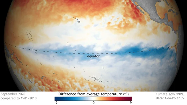 Bild: NOAA Climate.gov Grafik: Temperaturabweichungen von durchschnittlichen Wassertemperaturen im September 2020.