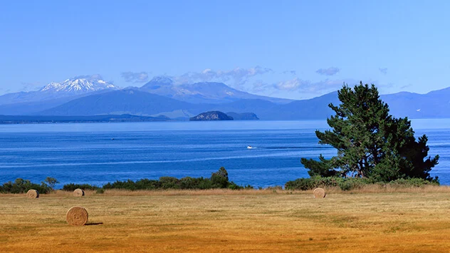 Blick auf den Lake Taupo und den Mount Ruapehu