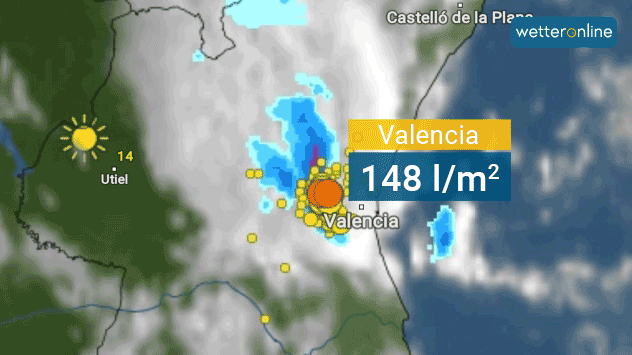 Unser WetterRadar zeigt das kräftige Gewitter bei Valencia, welches dort über mehrere Stunden tobte.