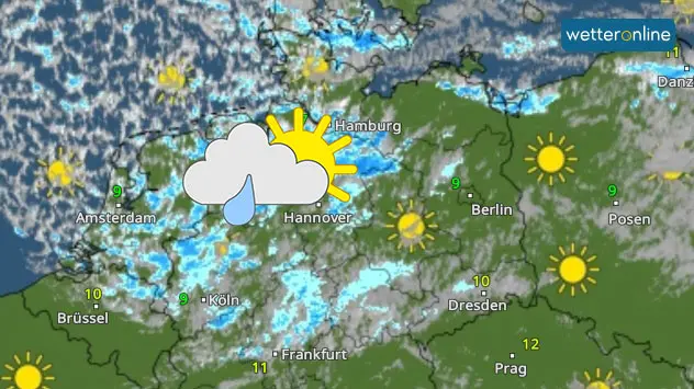 Von der Nordsee her ziehen Schauer landeinwärts. Das WetterRadar zeigt zahlreiche blaue Flecken, deren Struktur an einen Streuselkuchen erinnern.