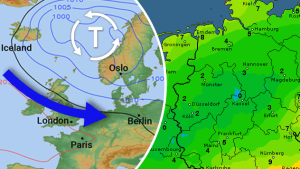 Karte zeigt kühle Luft vom Atlantik