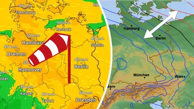 Böen bis 60 Kilometer pro Stunde im Nordosten Deutschlands (links); Große Luftdruckunterschiede auf kleinem Raum (rechts)