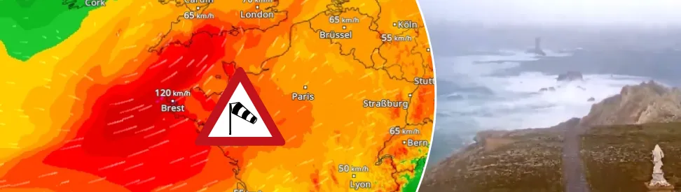 links: WindRadar - Sturmtief vor Frankreichs Küste bringt Orkanböen, rechts: Aufnahmen  (c) KÃ©vin Floury via X