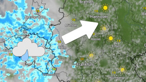 WetterRadar-Vorhersage: Von Benelux her zieht am Abend ein Regengebiet auf. 