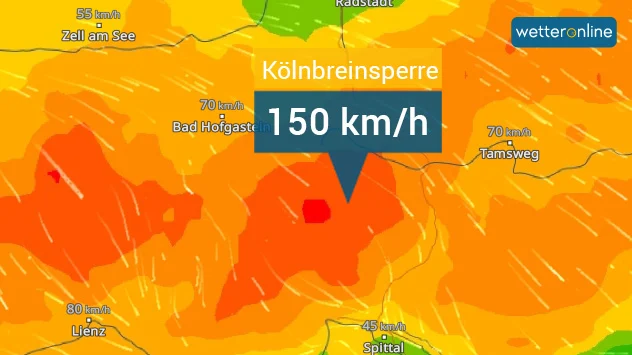 WetterRadar zeigt auf den Bergen Orkanböen