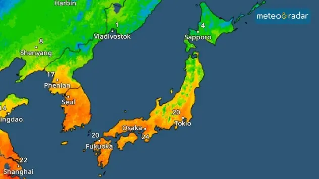 Temperaturile maxime au depășit 20 de grade zilele trecute în centrul și sudul Japoniei. Click pe imagine pentru harta interactivă.