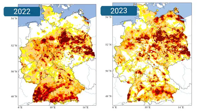 Ähnlich wie im vergangenen Jahr herrscht auch in diesem Jahr auf den Gesamtboden bis etwa 2 Meter tiefe bezogen Dürre (orange bis rote Farbtöne). 