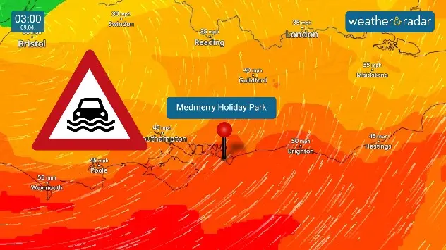 Wind map of West Sussex highlighting flooding in Medmerry.