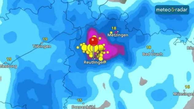Furtuna cu grindină care a afectat Reutlingen. Dați click pe imagine pentru harta interactivă.