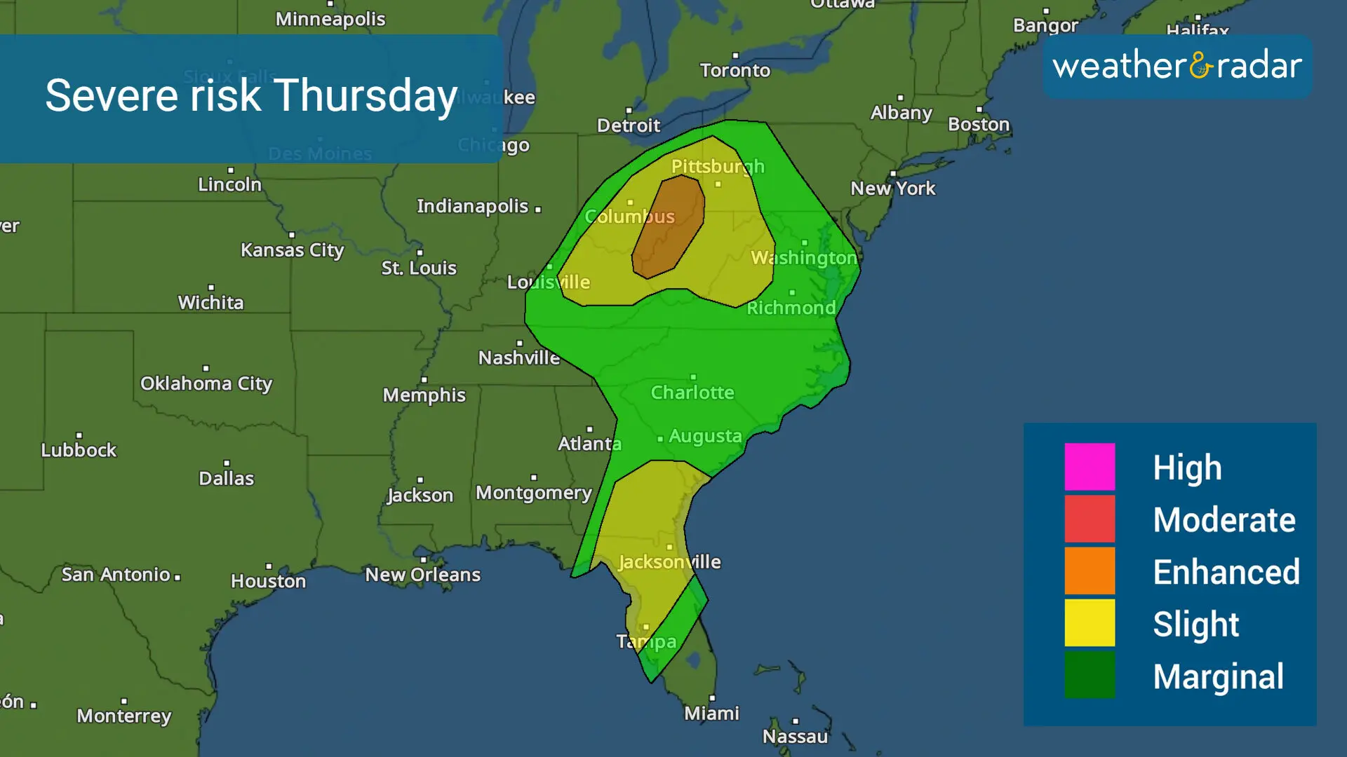 Severe storms include the chance of a few strong tornadoes, especially over the Upper Ohio Valley. 