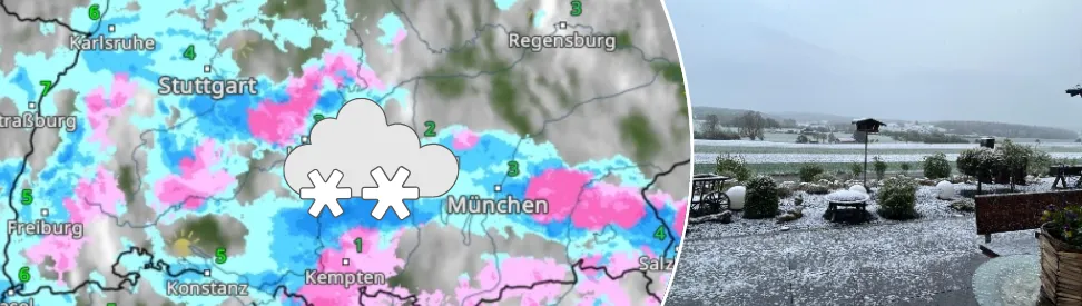 links: WetterRadar mit Schnee und Regen, rechts: angezuckerte Landschaft in Laichingen (c) rechts: Andrea SchÃ¶ll